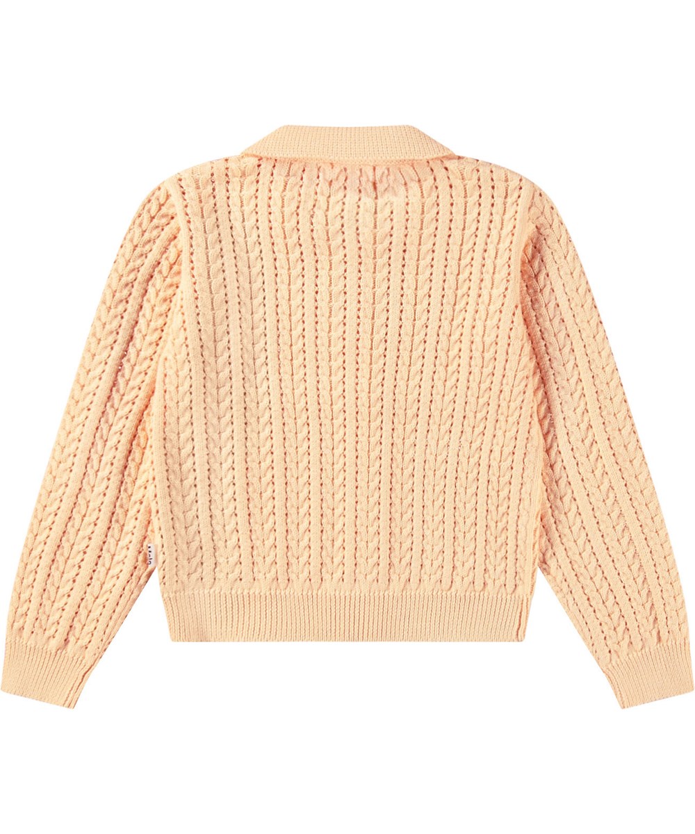 Gwendolyn - Pale Melon - Knitted light orange cardigan for children in soft organic cotton with mother-of-pearl buttons.