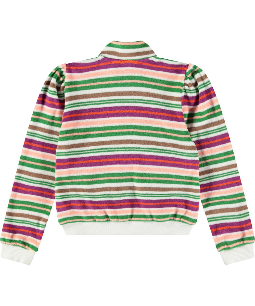 Malika - Exotic Stripe - Bolchesterbet terry cloth cardigan for children with zip, side pockets with pocket flaps, gathering at the shoulder, and a wide ribbed trim at the sleeves and bottom of the cardigan.
