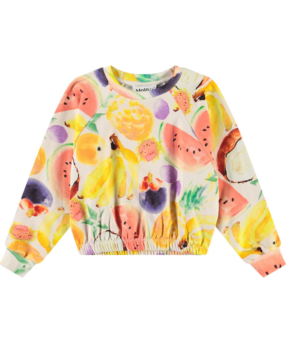 Malinda - Fruit Salad - Off-white sweatshirt with print for children in soft organic cotton with ribbed edges at the neck and sleeves.