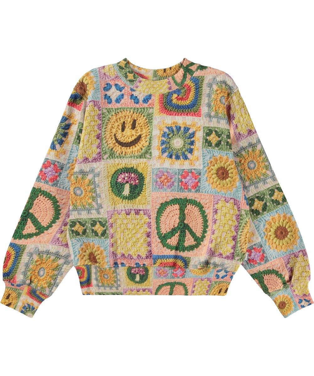 Marge - Crochet Vibe - Multi-coloured organic sweatshirt in crochet print