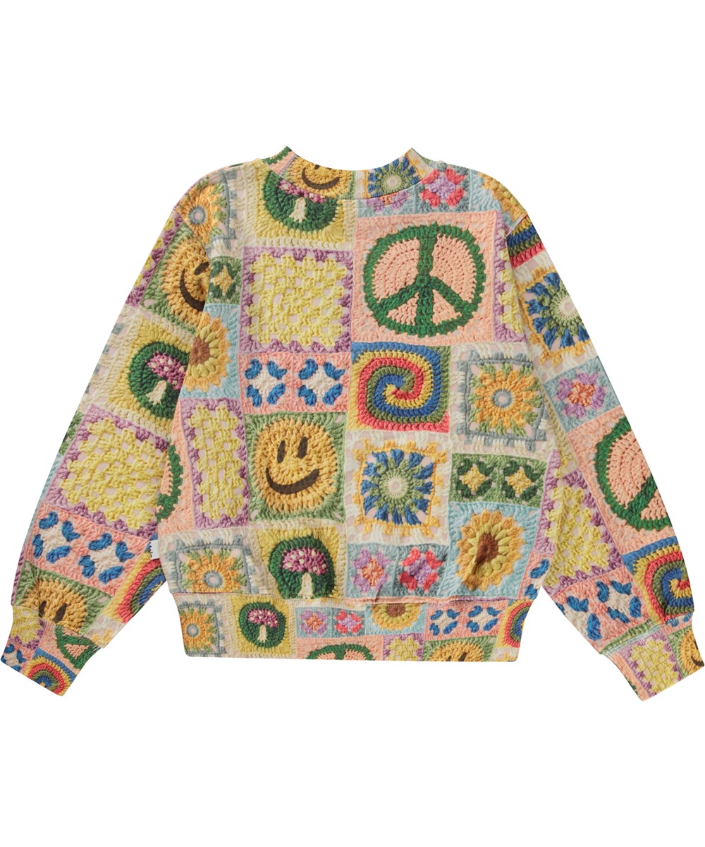 Marge - Crochet Vibe - Multi-coloured organic sweatshirt in crochet print
