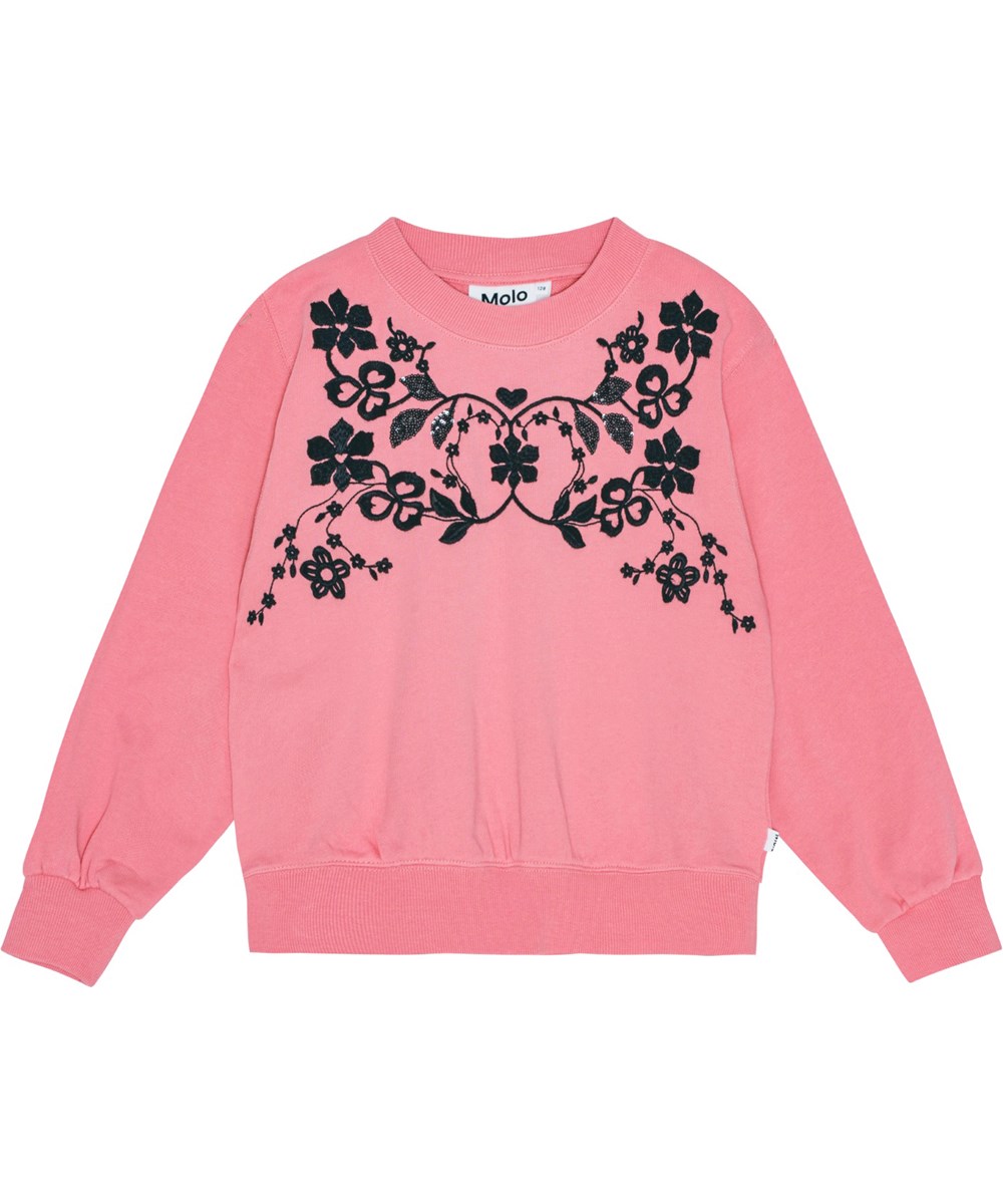 Marge - Flamingo Plume - Oversized pink sweatshirt in organic cotton with black floral embroidery.