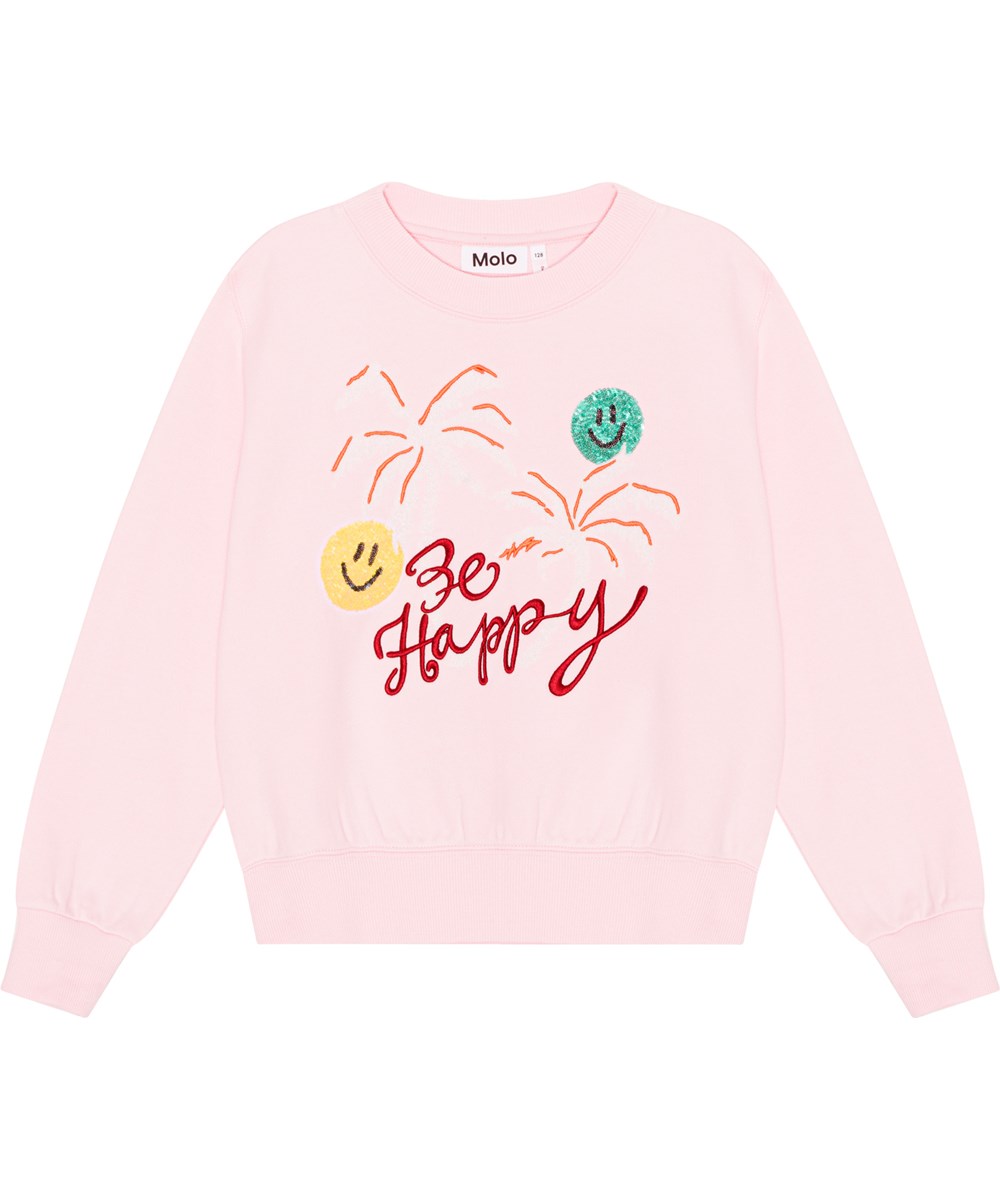 Marge - Glitter Palms - Pink sweatshirt in organic cotton with two small sequined embroideries of smiling faces, palm tree prints and 'Be Happy' on front