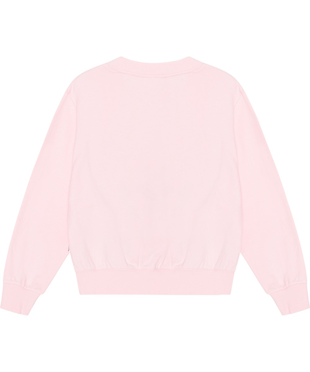 Marge - Glitter Palms - Pink sweatshirt in organic cotton with two small sequined embroideries of smiling faces, palm tree prints and 'Be Happy' on front