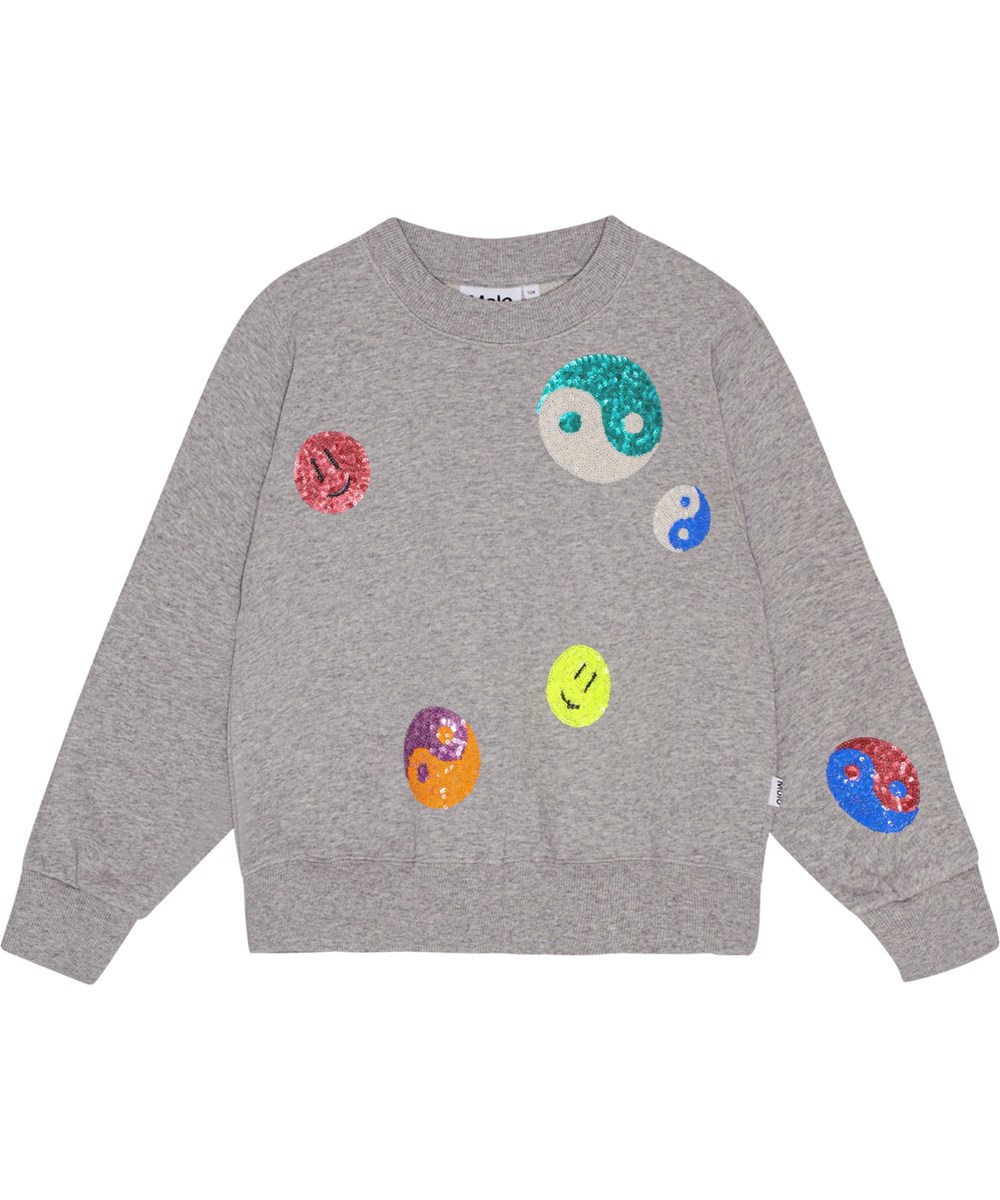 Marge - Grey Melange - Oversized grey melange sweatshirt in organic cotton with sequin embroideries.