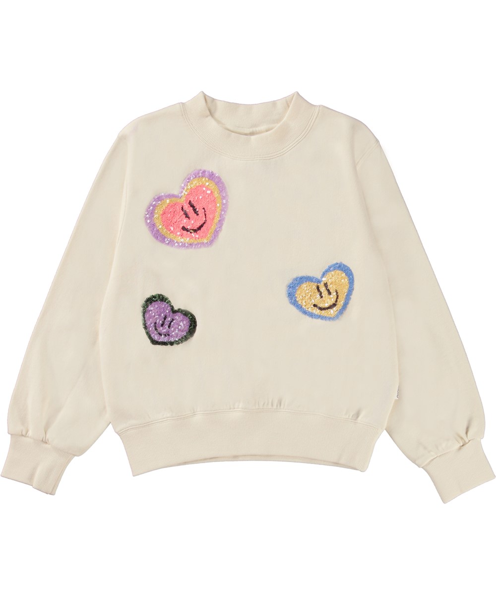Marge - Heart Smiles - Off-white organic sweatshirt sequin heart