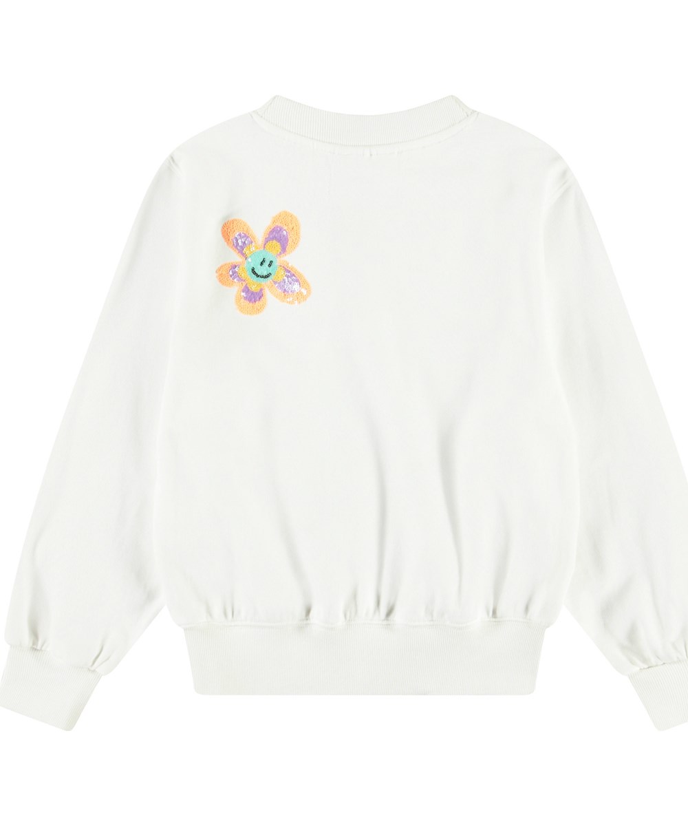 Marge - Joy Of Flowers - White sweatshirt with sequins for children in soft organic cotton with ribbed edges at the neck, sleeves, and bottom of the sweatshirt.