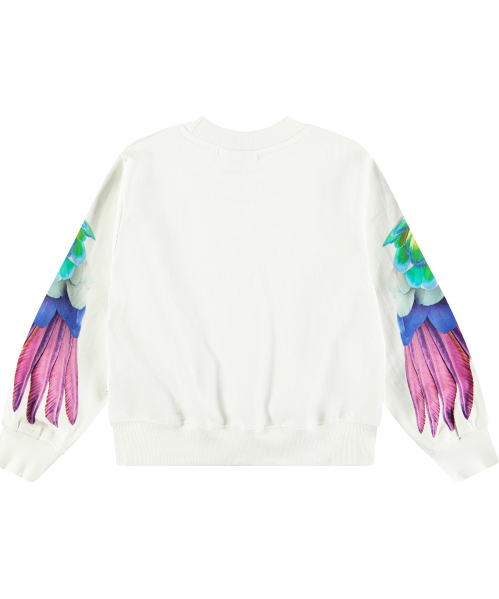 Marge - Magic Parrots - White sweatshirt with print for children in soft organic cotton with ribbed edges at the neck, sleeves, and at the bottom of the sweatshirt.
