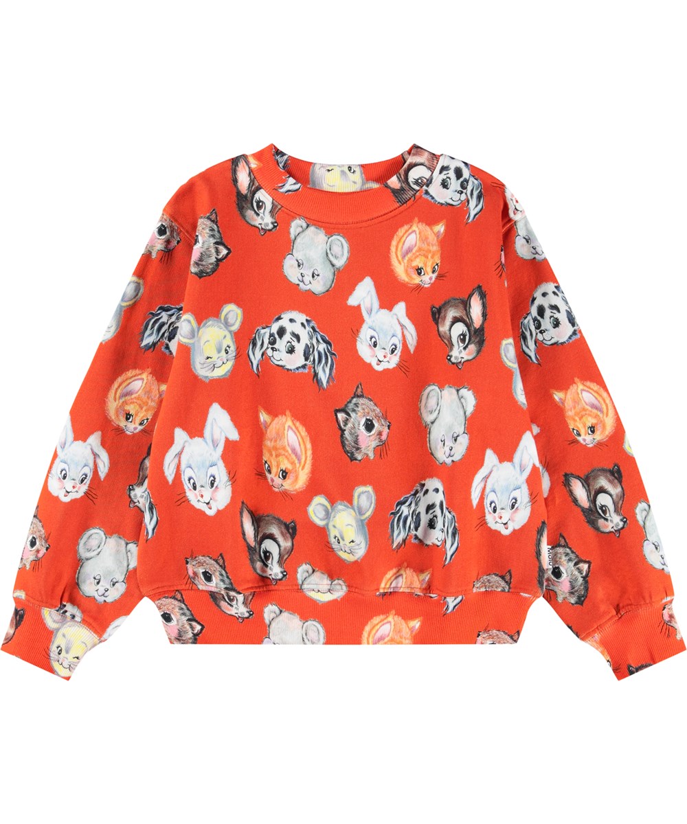 Marge - Rising Sun - Orange sweatshirt made of organic cotton with a print of cute drawn animals.