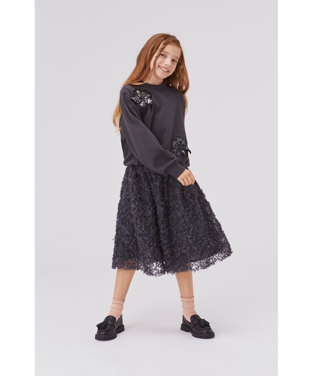 Marge - Space Grey - Dark grey sweatshirt with sequin flowers