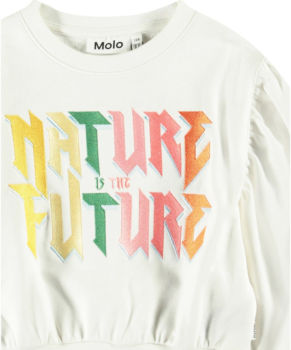 Mariah - Nature Future - White sweatshirt with embroidery for children in soft cotton with ribbed edges at the neck, sleeves, and bottom of the sweatshirt.
