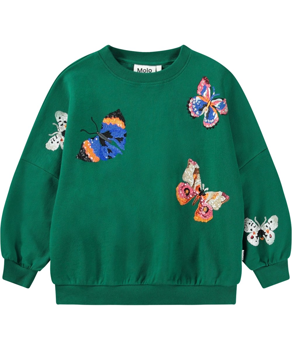 Marika - Aventurine - Bottle green sweatshirt in soft organic cotton with multicoloured sequin embroideries of butterflies.