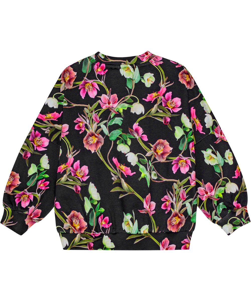 Marika - Hellebore Black - Black sweatshirt in soft organic cotton with an all-over flower print.