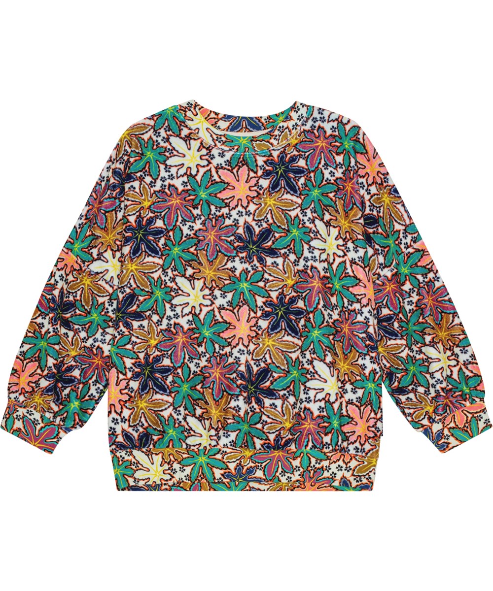 Marika - Leafy Light - Off-white velour sweatshirt with a print of maple leaves.