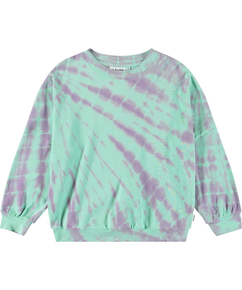 Marika - Ocean Tie Dye - Lilac and light green tie-dye sweatshirt for children in soft organic cotton with ribbed edges at the neck, sleeves, and bottom of the sweatshirt, as well as a loose fit.