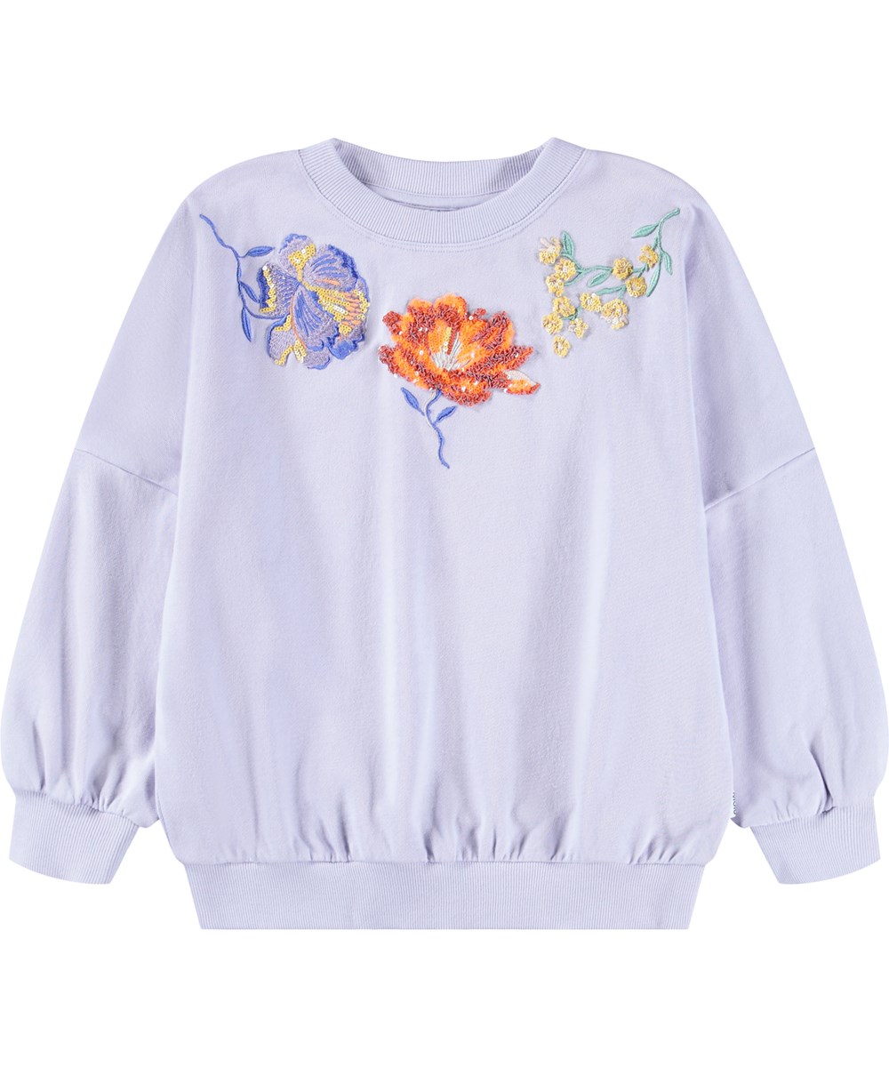 Marika - Thistle - Light purple sweatshirt for children made of organic cotton with a flower embroidery and sequins.