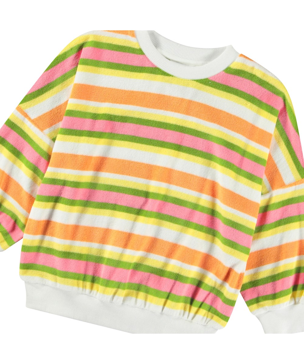 Marika - Happy Stripe - Striped terry sweatshirt for children in soft organic cotton with ribbed edges at the neck, sleeves, and bottom of the sweatshirt.