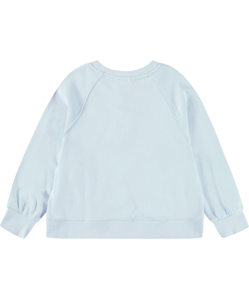 Marilee - Glitter Fruits - Light blue sweatshirt with slits for children in soft organic cotton with ribbed edges at the neck, sleeves, and bottom of the sweatshirt.