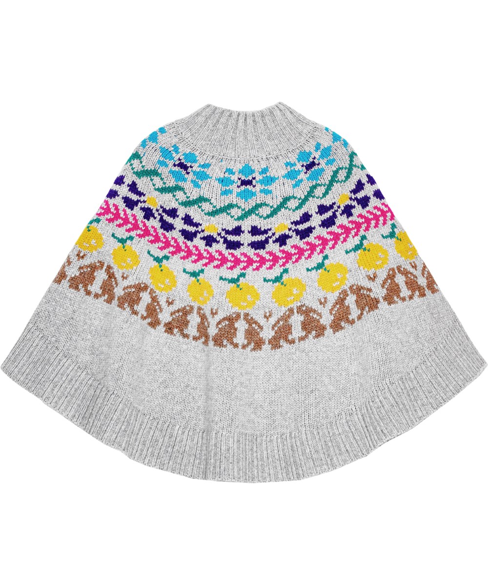 Maslina - Flower Knit - Grey Nordic-inspired poncho in wool blend with rabbit and fruit print.