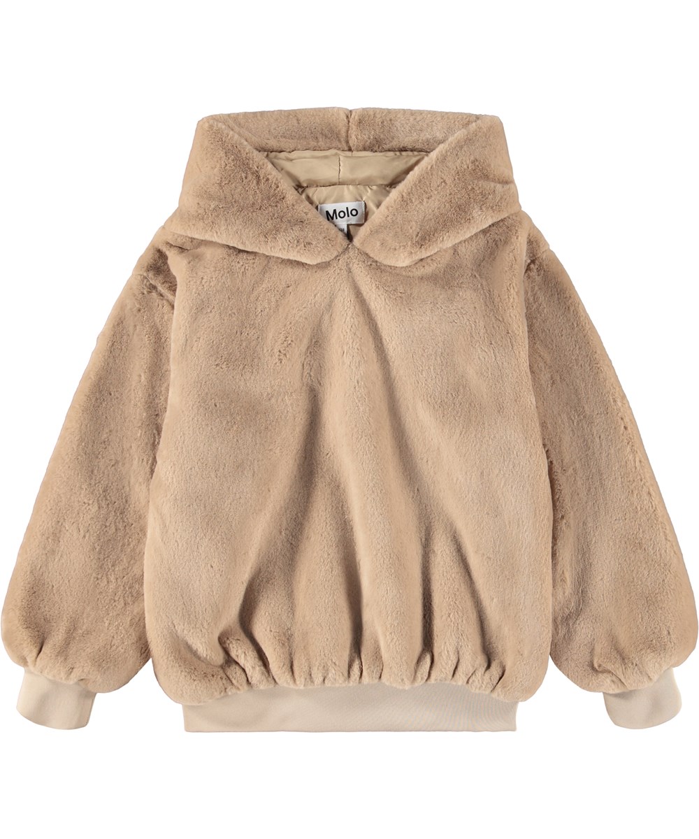 Maureen - Pomeranian - Fluffy brown hoodie in fake fur style for children.