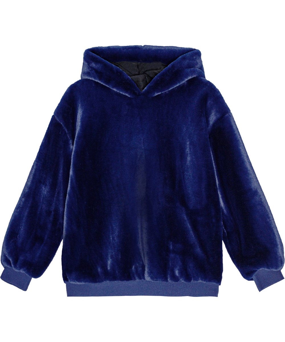 Maureen - Vibrant Blue - Dark blue faux fur hoodie with ribbed cuffs and neckline.