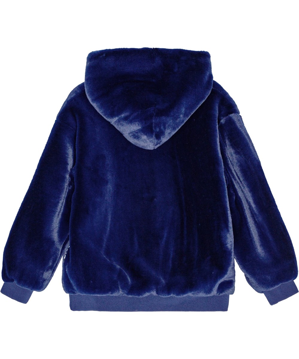 Maureen - Vibrant Blue - Dark blue faux fur hoodie with ribbed cuffs and neckline.