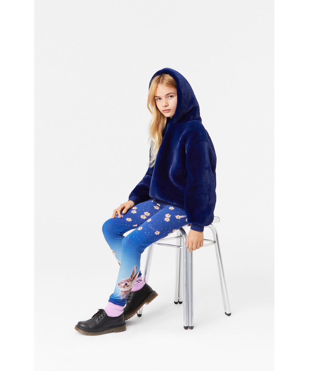 Maureen - Vibrant Blue - Dark blue faux fur hoodie with ribbed cuffs and neckline.
