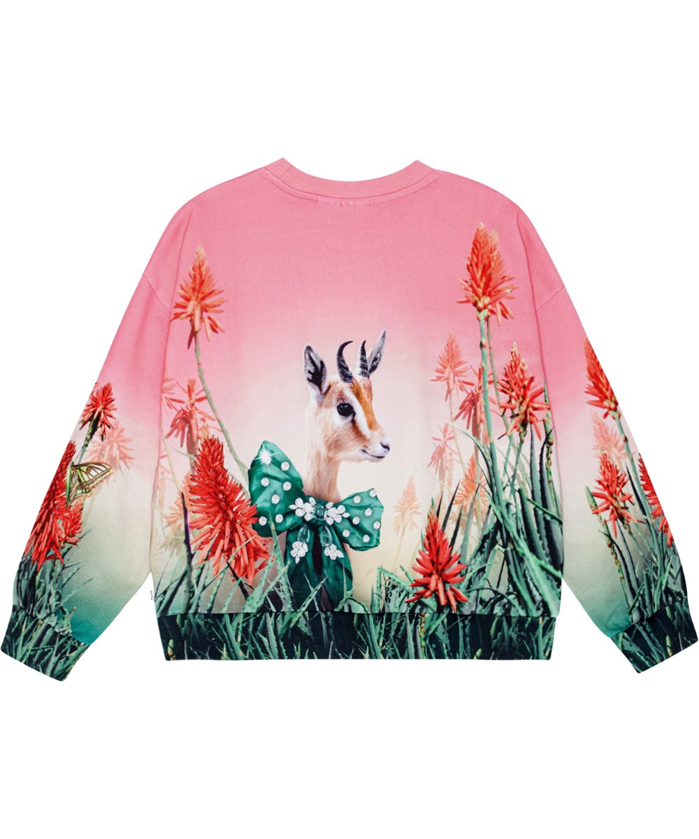 Maxi - Fancy Cat - Pink organic cotton sweatshirt with festive cat and floral print.