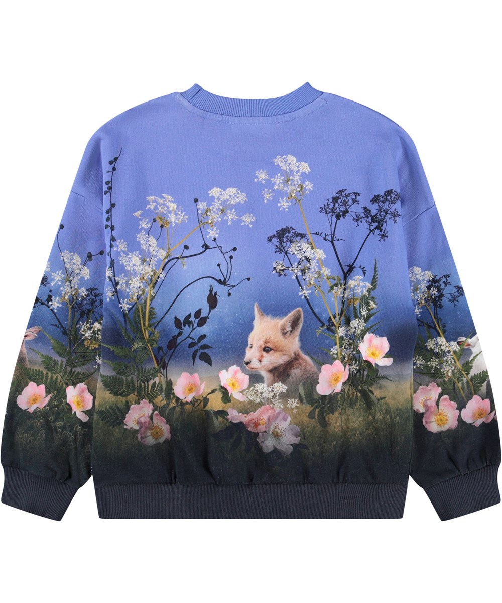 Maxi - Magic Moonrise - Blue sweatshirt for children made of organic cotton with a print of the wildlife in the moonlight.