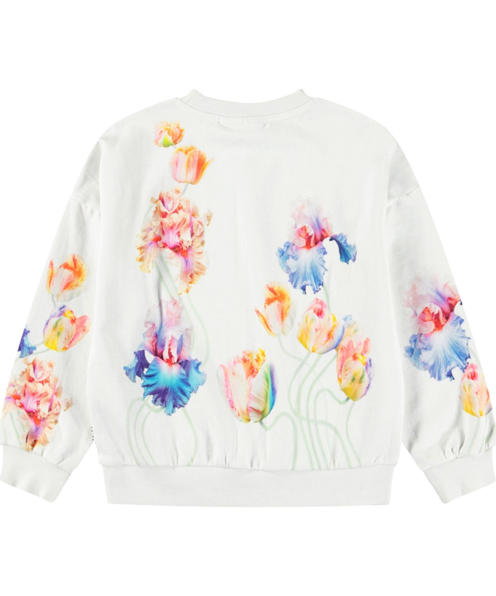 Maxi - Petals Galore - White sweatshirt with print for children in soft organic cotton with ribbed edges at the neck, sleeves, and bottom of the sweatshirt.