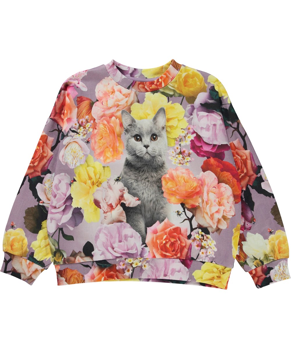 Maxi - Rosegarden Cat - Purple organic sweatshirt with cat and rose print