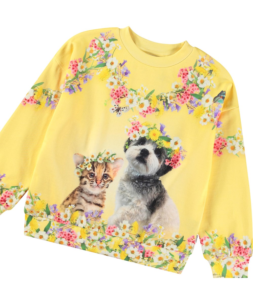 Maxi - Sweet Maggie - Yellow sweatshirt with print for children made from soft organic cotton with ribbed cuffs at the neck, sleeves, and bottom of the sweatshirt