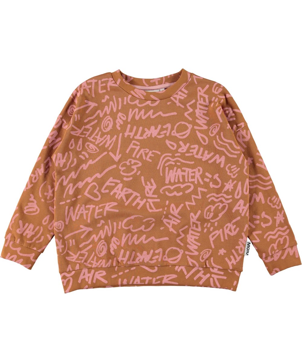 Mika - All Elements - Brown organic sweatshirt with pink symbols