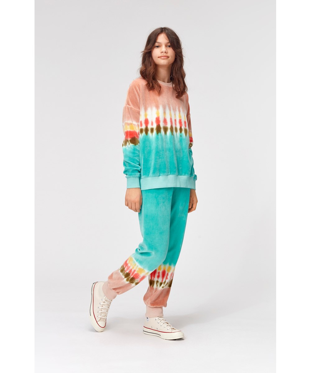 Mika - Tie Dye Stripe - Green and rose velour sweatshirt with tie dye print