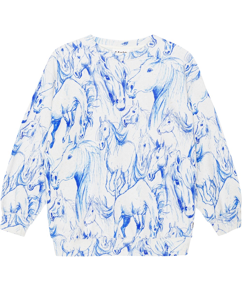 Monti - Blue Horses - Off-white sweatshirt in organic cotton with horse print 