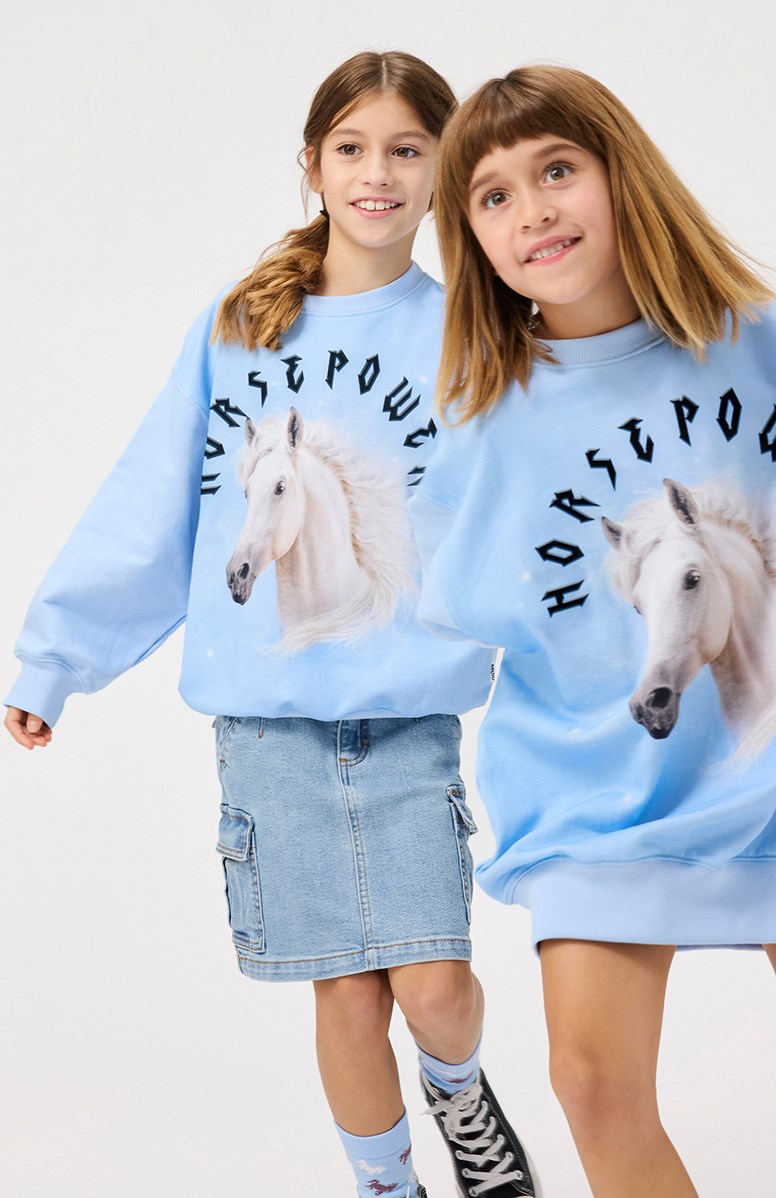 Monti - Horsepower - Light blue sweatshirt with print for children in soft, organic cotton with ribbed edges at the neck, sleeves, and bottom of the sweatshirt.