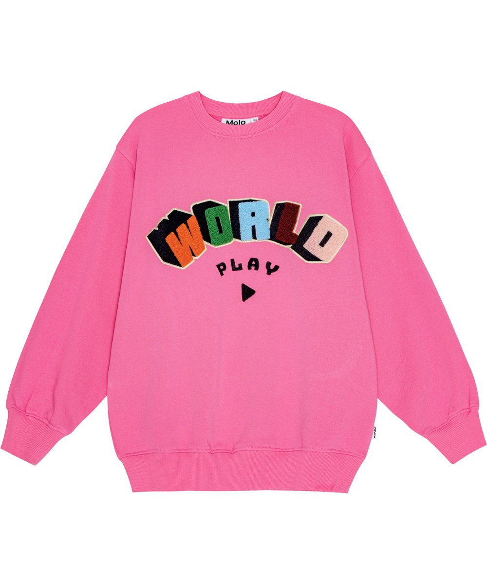 Monti - Shocking Pink - Soft pink organic cotton sweatshirt with embroidered 'World Play' artwork.