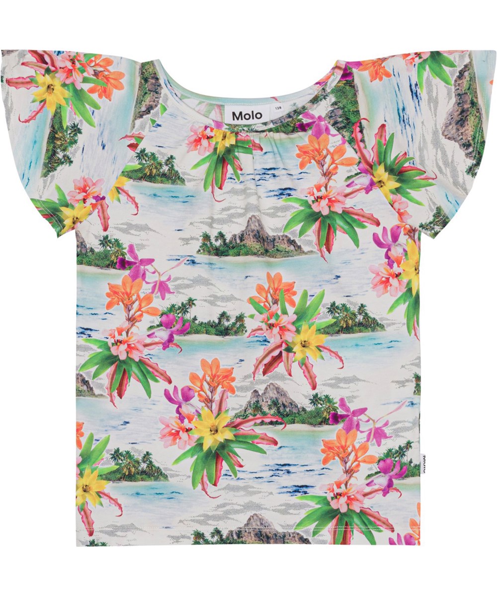 Rachel - Tropical Islands - T-shirt with short flutter sleeves in organic cotton