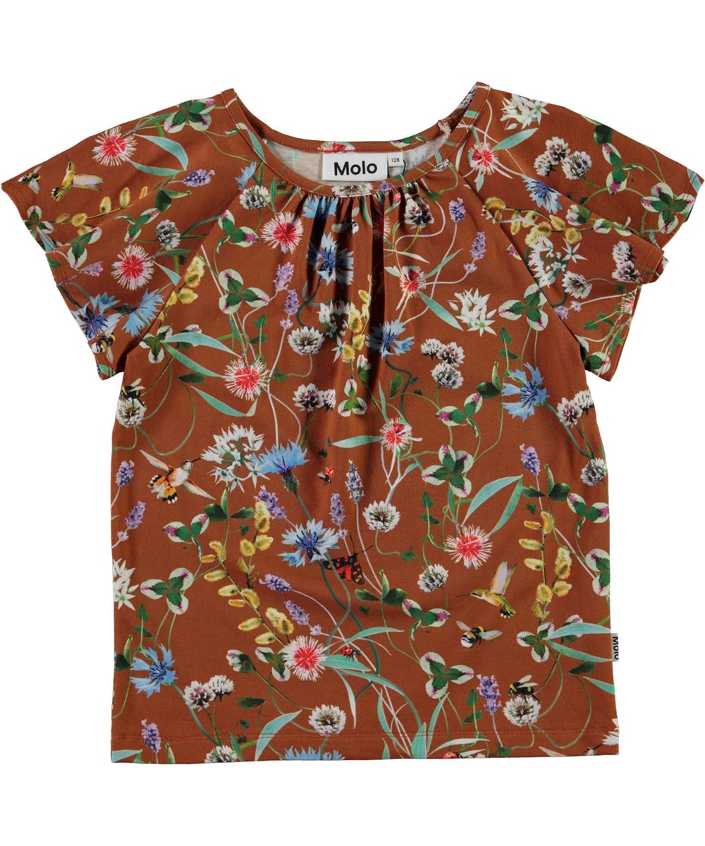 Rachel - Wildflowers - Brown organic t-shirt with floral print