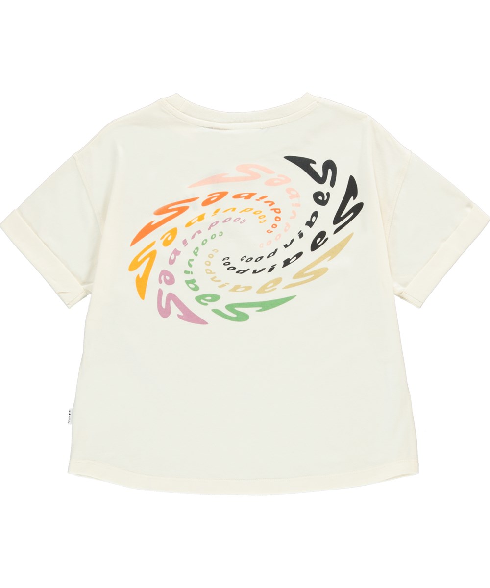 Rachelle - Pearled Ivory - Light yellow organic t-shirt with good vibes
