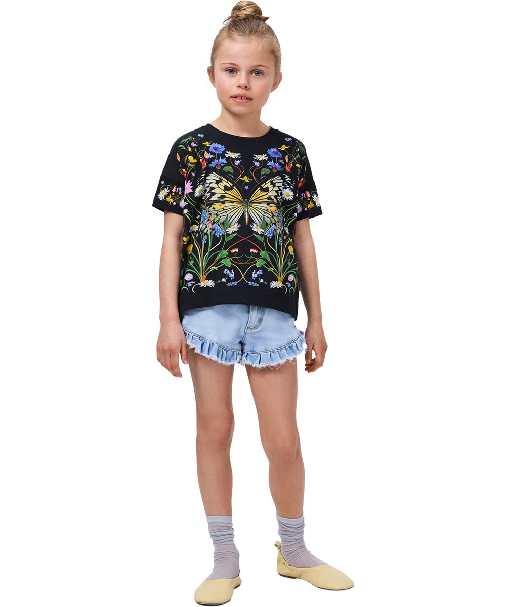 Raeesa - Nouveau Butterfly - Black T-shirt for children made of organic cotton with a floral print 