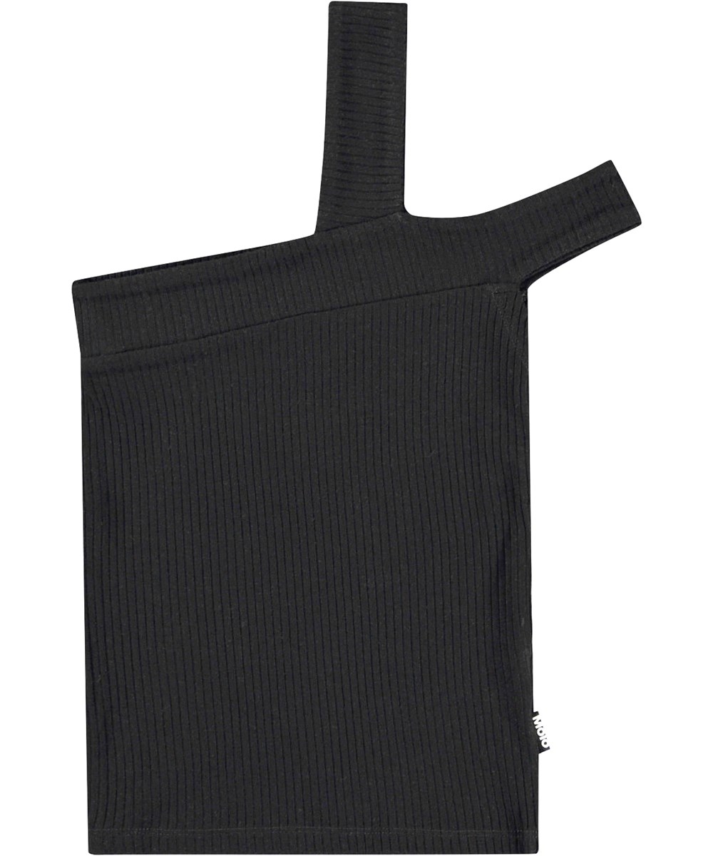Raelene - Black - Fitted black top for children in stretchy soft viscose rib with two straps on the left shoulder.