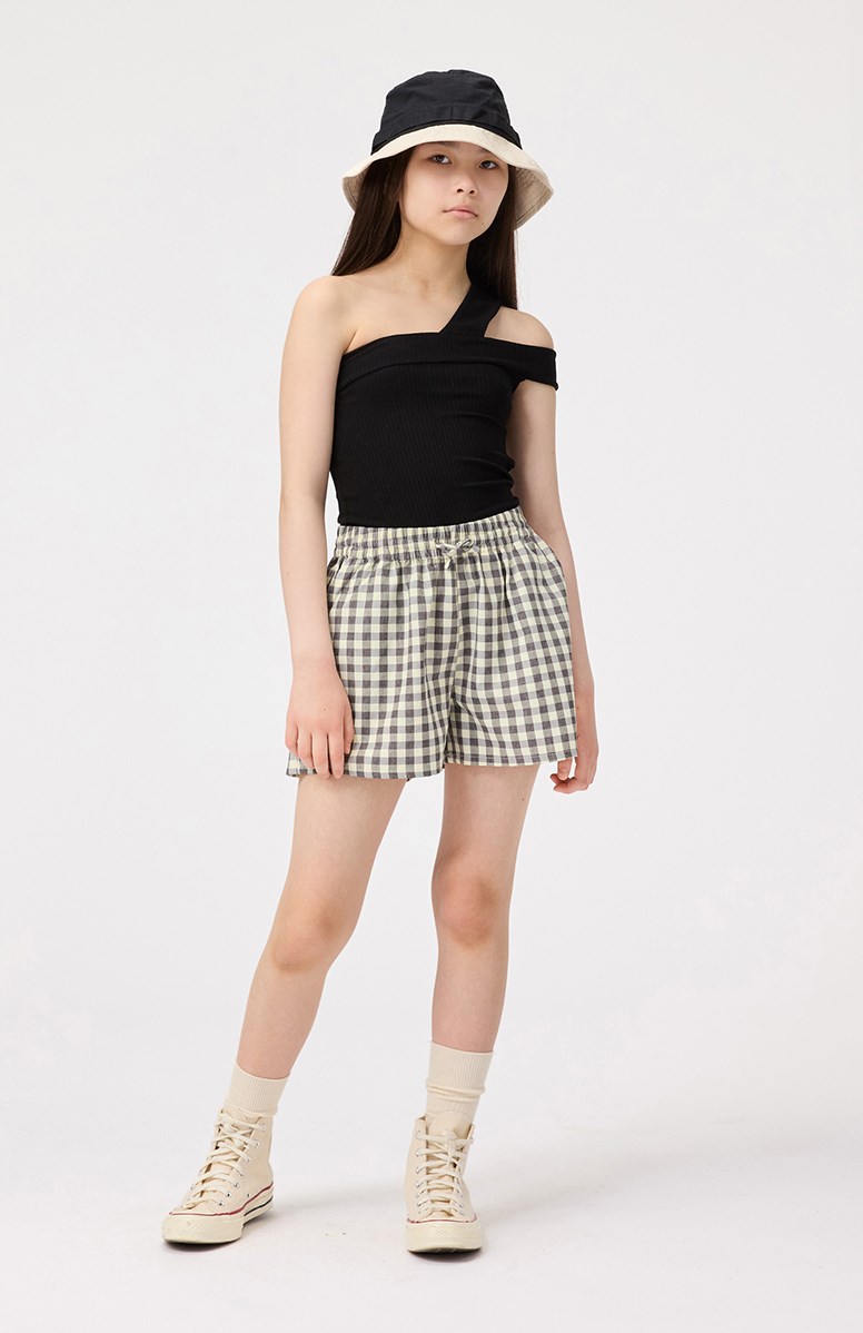 Raelene - Black - Fitted black top for children in stretchy soft viscose rib with two straps on the left shoulder.