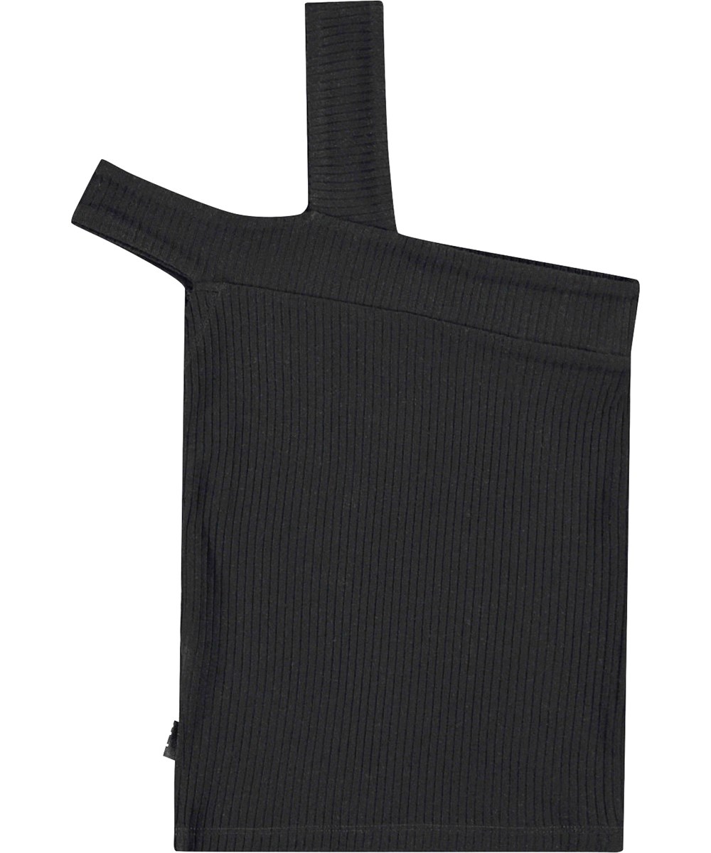 Raelene - Black - Fitted black top for children in stretchy soft viscose rib with two straps on the left shoulder.