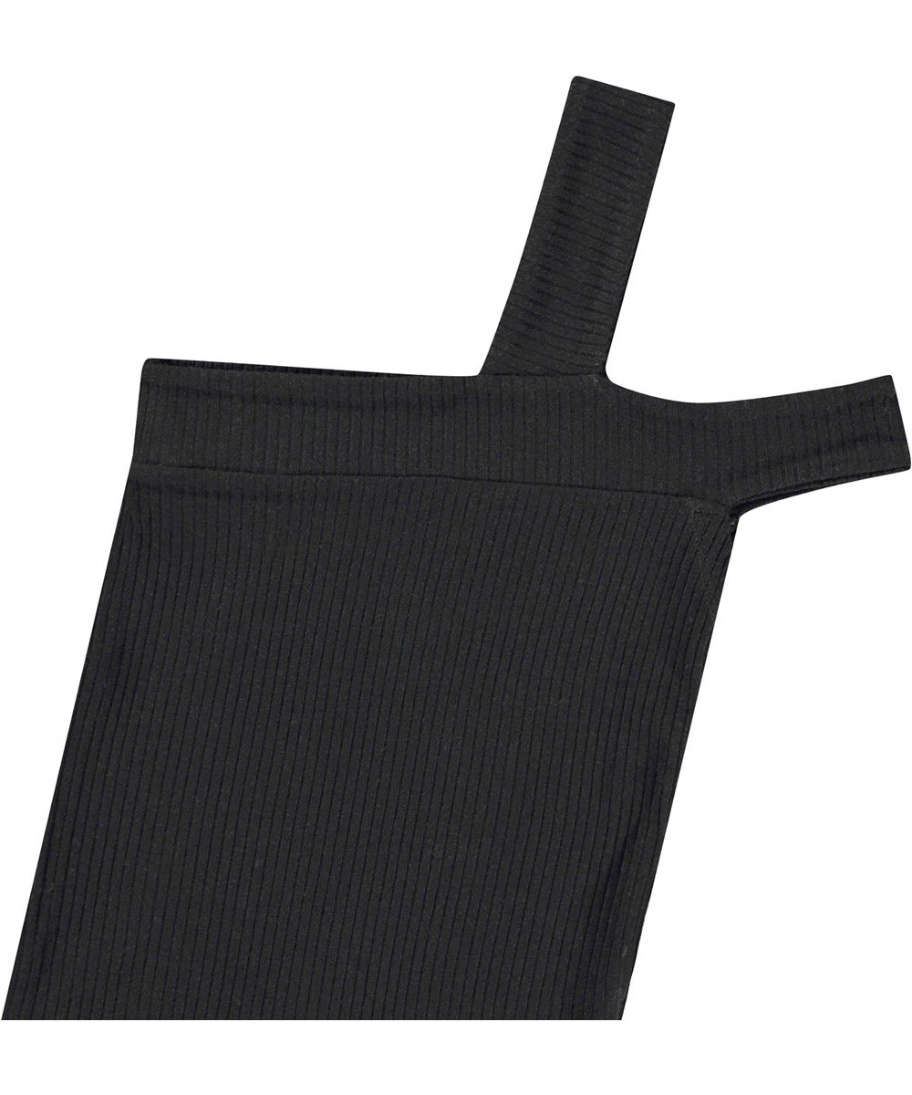 Raelene - Black - Fitted black top for children in stretchy soft viscose rib with two straps on the left shoulder.