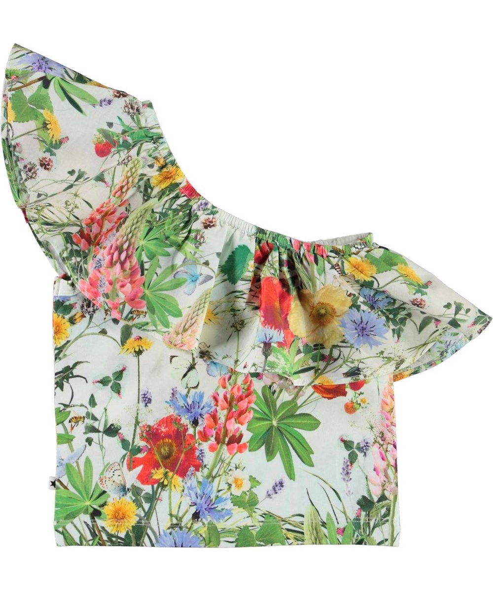 Raelyn - Meadow - Asymmetrical, diagonal top with ruffles wildflowers 