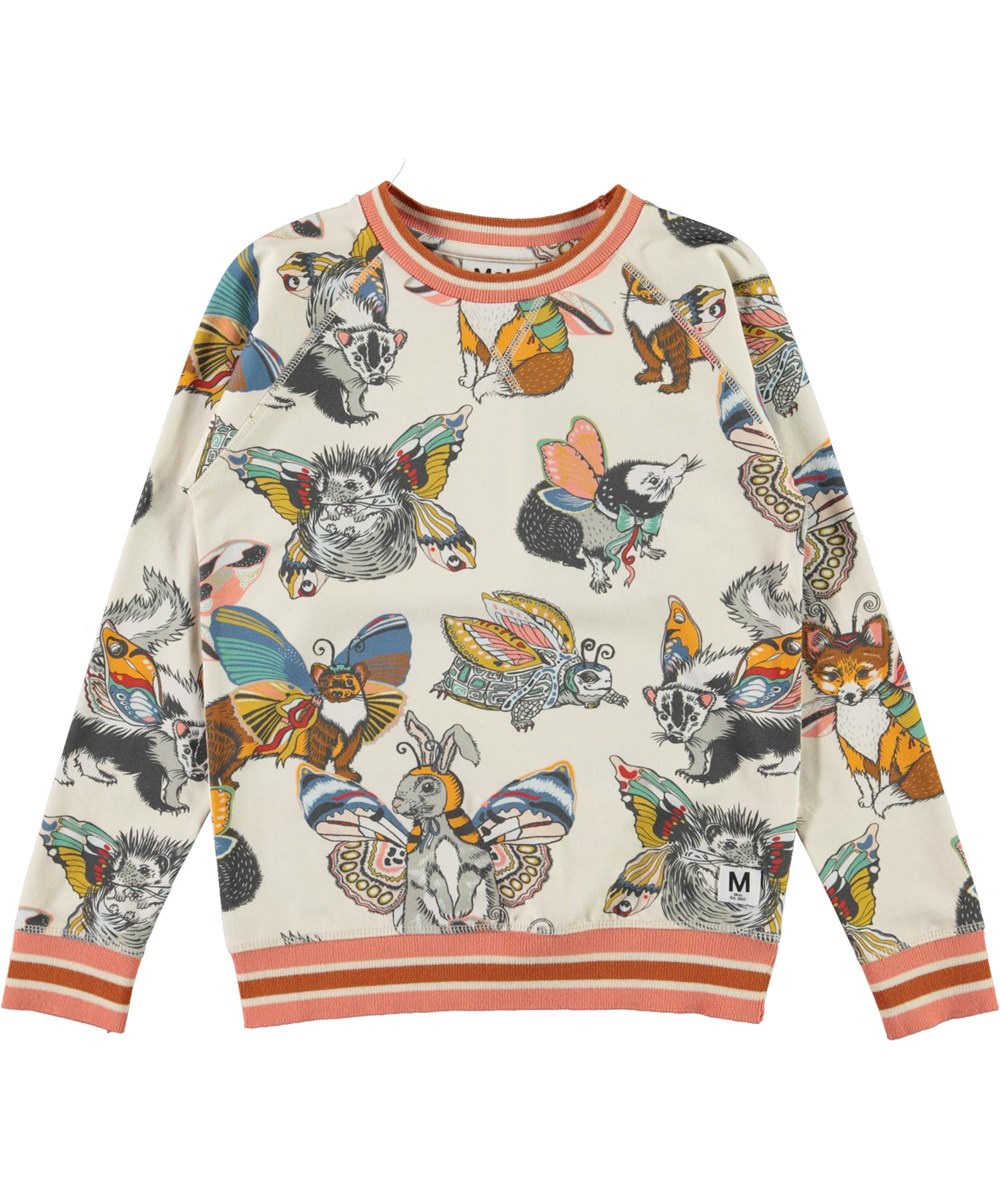 Raewyn - Hedgerow Buzz - Organic top with a print of animals with wings 