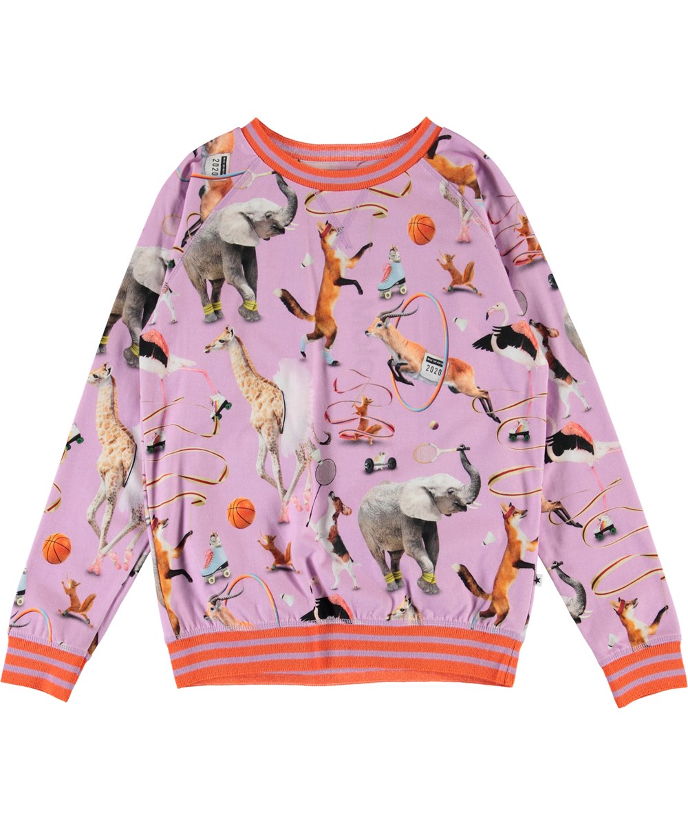 Raewyn - Made For Motion - Purple organic top with sports animals 