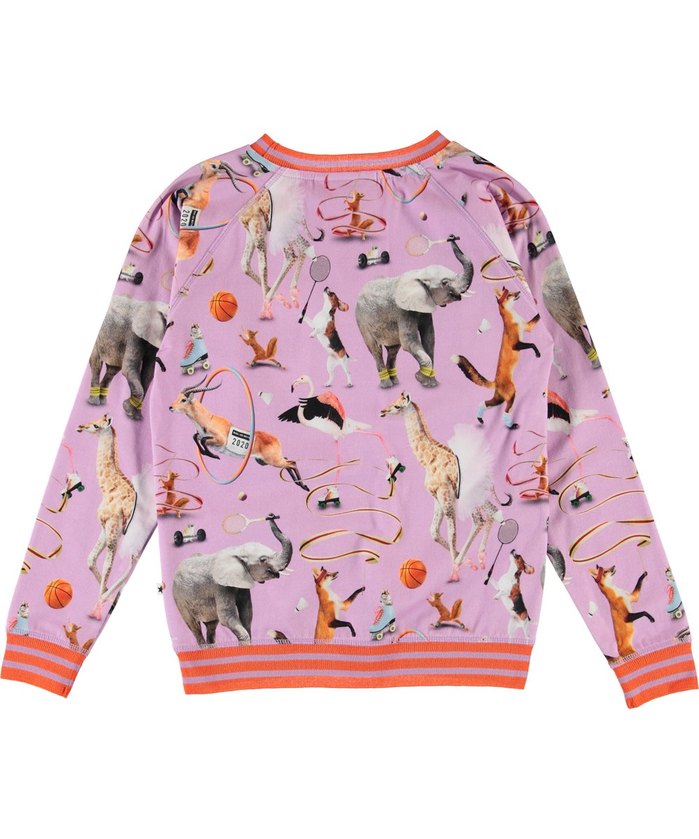 Raewyn - Made For Motion - Purple organic top with sports animals 