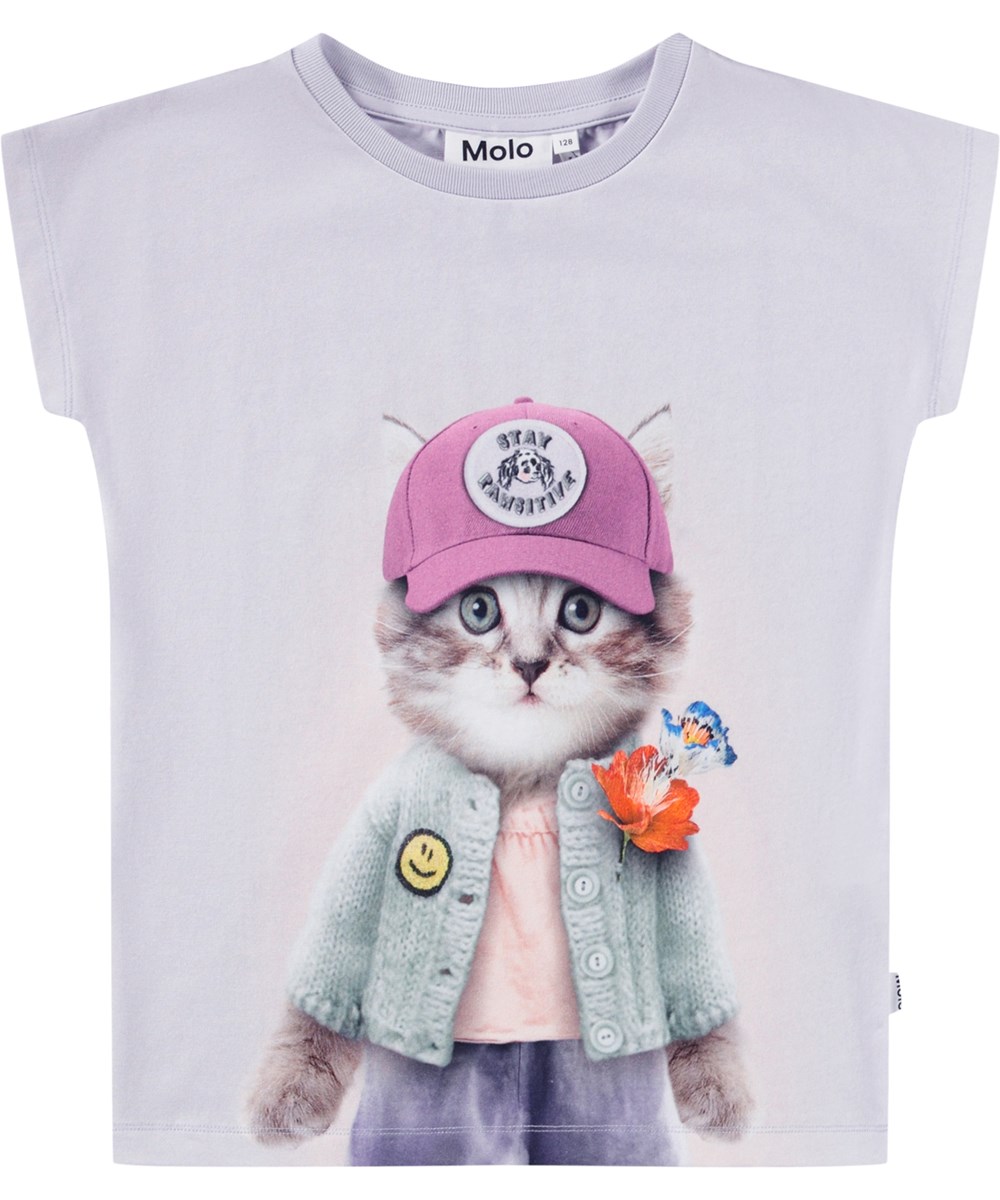 Ragnhilde - Kitty Miauu - Purple, short-sleeved t-shirt for children made of organic cotton with a front print of a cat in Molo clothing.